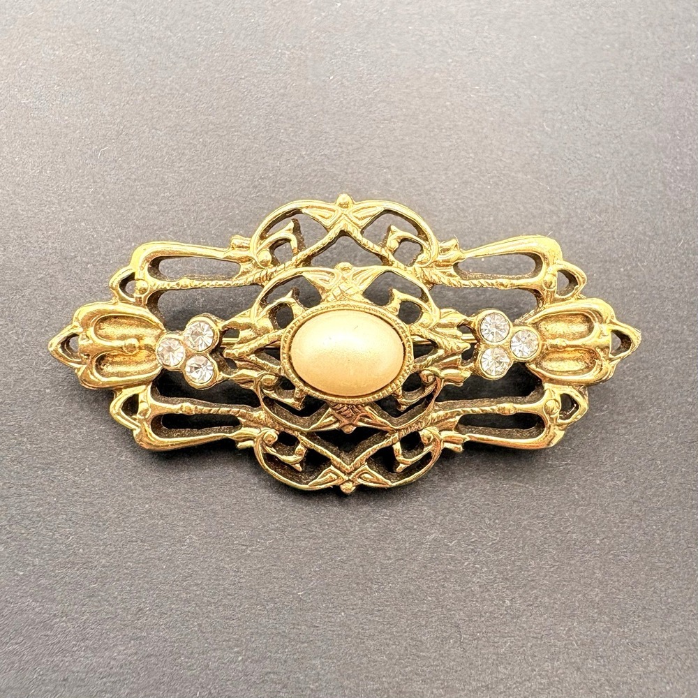 Vintage‎ Victorian Style Open Work Bar Brooch Rhinestone Faux Pearl Gold Tone